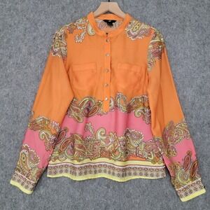 H&M Shirt Womens 10 Orange Pink Paisley Print Mandarin Collar Scarf Shirt Satin